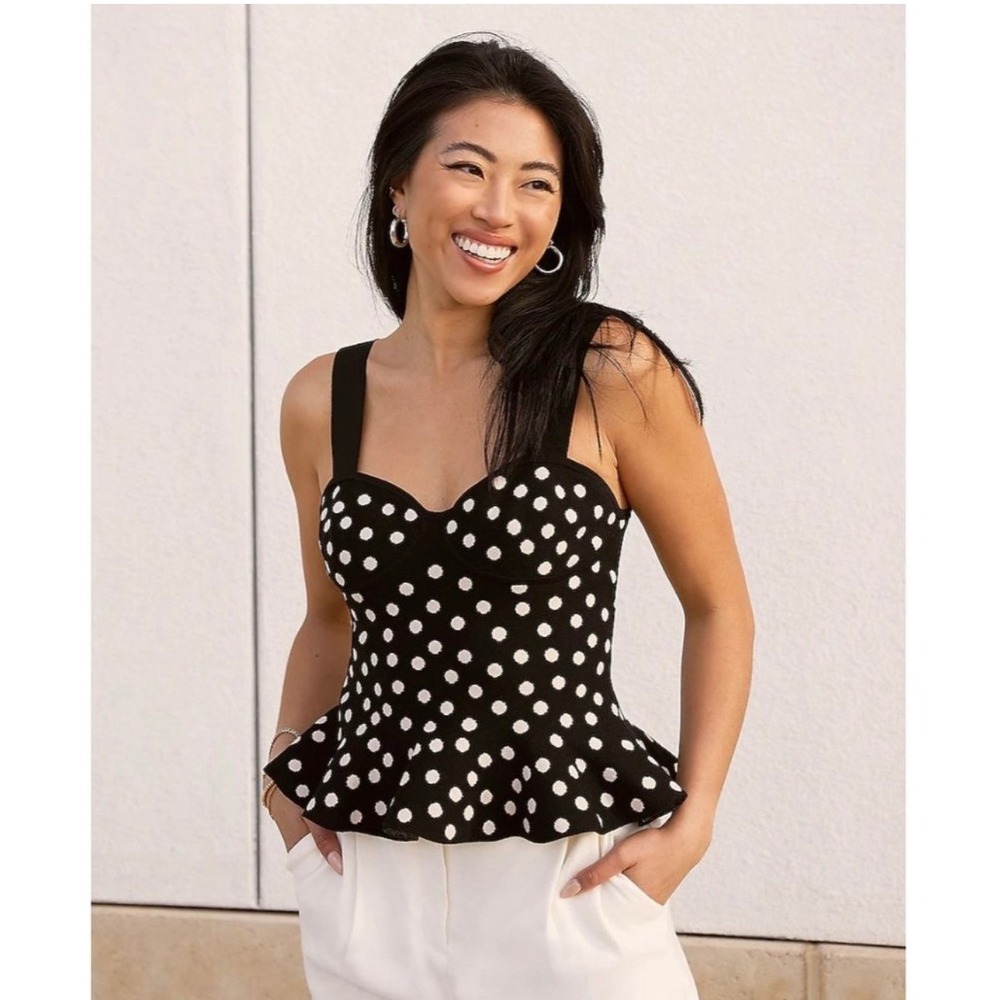 Express Body Contour Polka Dot Peplum Sweetheart Tank Top Black White XL NWT